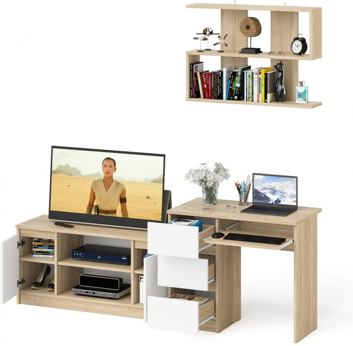 Мори компьютерный стол МС-6 левый + Тумба МТВ1200.1 + Полка 900, дуб сонома/белый