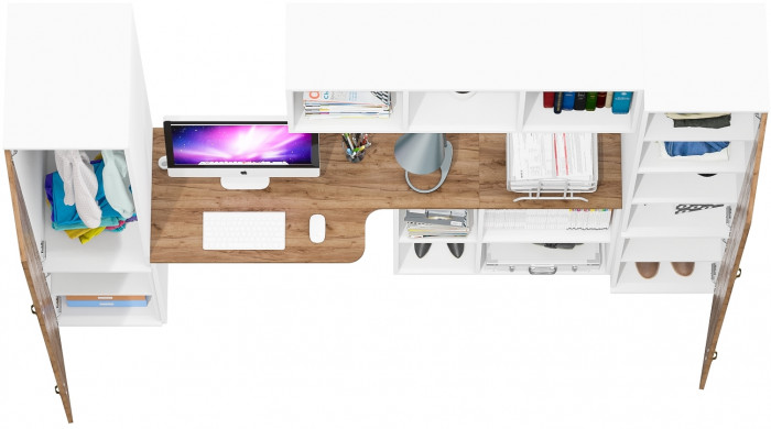 Лидер-8 Пенал МД 23Б + Стол + Полка + Пенал 22Б, цвет белый шагрень/крафт золото, ШхГхВ 245х50/37,5х75/190 или 155х120/50х75/190 см., НЕ ун.сб.