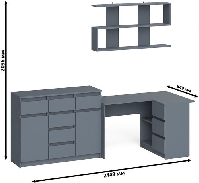 Мори компьютерный стол МС-16 правый + Комод МК1200.4 + Полка 1200, графит