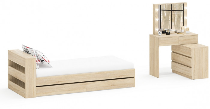 Ксения Кровать с ящиками 0900 + Стол косметический с подсветкой 110, дуб сонома