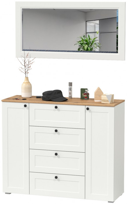 Остин 16.221 Комод + 17.03 Зеркало, белый шагрень/дуб крафт золотой