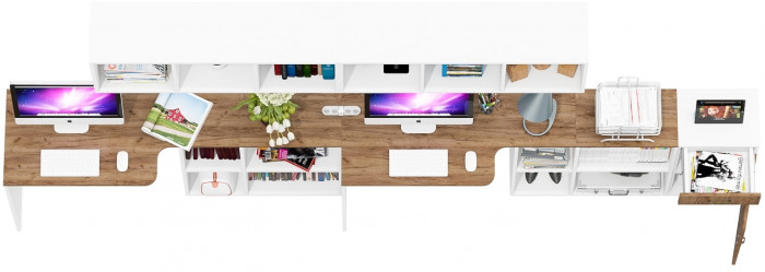 Лидер-8 Стол + Полка + Стол + Полка + Тумба МД 3.15, цвет белый шагрень/крафт золото, ШхГхВ 370х50/30х75 или 230х50/120х75 см., НЕ универс. сборка