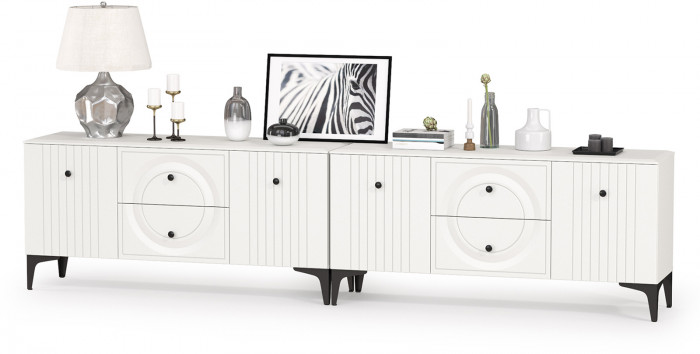 Валенсия Гостиная 16.45 Тумба под ТВ + 16.45 Тумба под ТВ, цвет ЛДСП белый шагрень/МДФ белый шагрень, ШхГхВ 266,2х38,3х63,7 см.