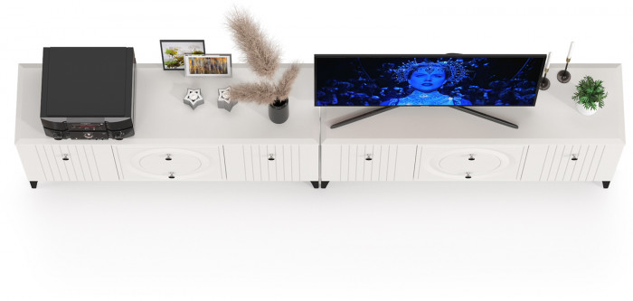 Валенсия Гостиная 16.45 Тумба под ТВ + 16.45 Тумба под ТВ, цвет ЛДСП белый шагрень/МДФ белый шагрень, ШхГхВ 266,2х38,3х63,7 см.