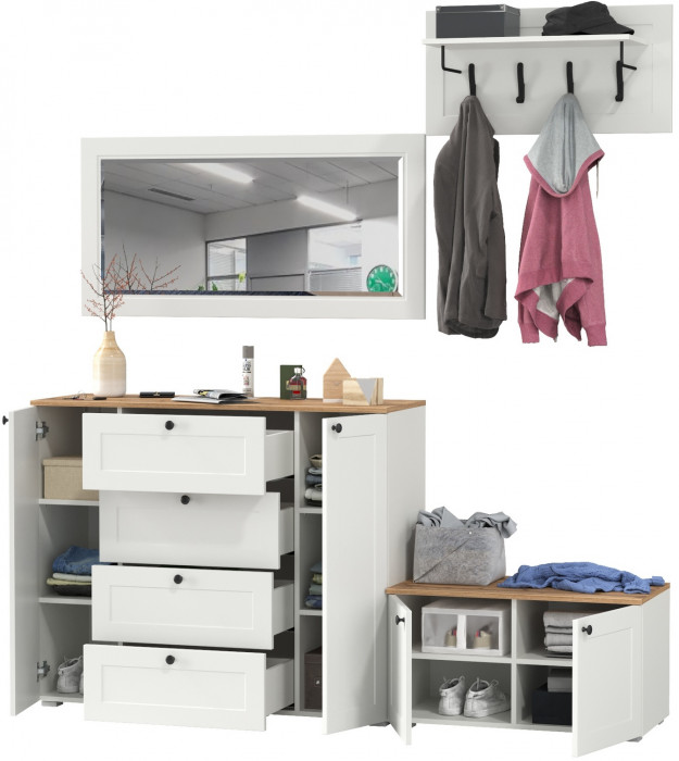 Остин Прихожая 50, цвет белый шагрень/дуб крафт золотой, ШхГхВ 200х54,3х210 см., универсальная сборка