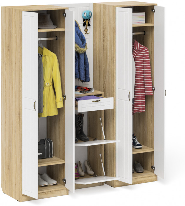 Прихожая П-6 Компоновка № 15, цвет дуб сонома/фасады МДФ белое дерево фрезеровка прованс, ШхГхВ 180х50х210 см., универсальная сборка