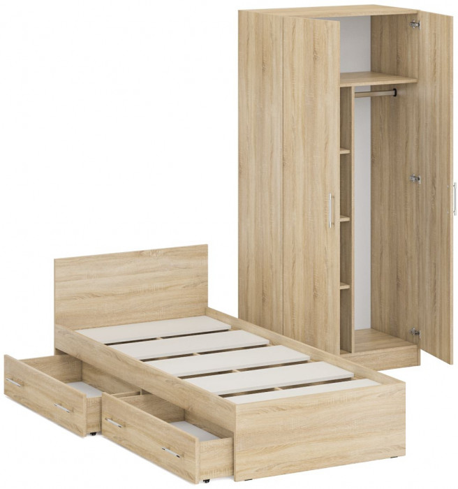 Кровать с ящиками 0900 + Шкаф 2-х створчатый Стандарт, цвет дуб сонома, ШхГхВ 93,5х203,5х70 + 90х52х200 см., сп.м. 900х2000 мм., б/м, основание есть