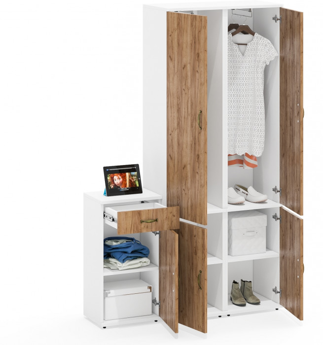 Лидер-8 Пенал МД 21Б + Пенал МД 21Б + Тумба МД 3.15, цвет белый шагрень/крафт золото, ШхГхВ 120х37,5х190 см., универсальная сборка