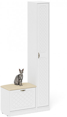 Прихожая П-6 Компоновка № 19, цвет белая шагрень/фасады МДФ белое дерево фрезеровка ромб, ШхГхВ 90х35х210 см., универсальная сборка