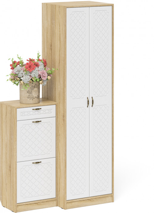 Прихожая П-6 Компоновка № 16, дуб сонома/фасады МДФ белое дерево фрезеровка ромб