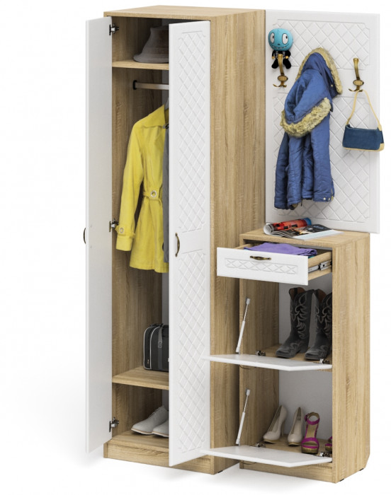 Прихожая П-6 Компоновка № 18, цвет дуб сонома/фасады МДФ белое дерево фрезеровка ромб, ШхГхВ 120х50х210 см., универсальная сборка