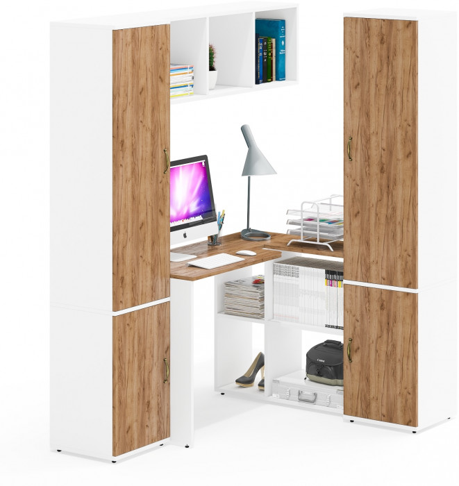 Лидер-8 Стол + Полка + Пенал МД 22Б + Пенал МД 22Б, белый шагрень/крафт золото