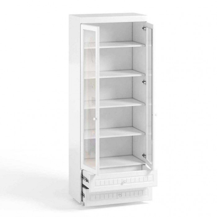 Шкаф 2-х дверный со стеклами и ящиками (гл.410) Монако МН-46 белое дерево