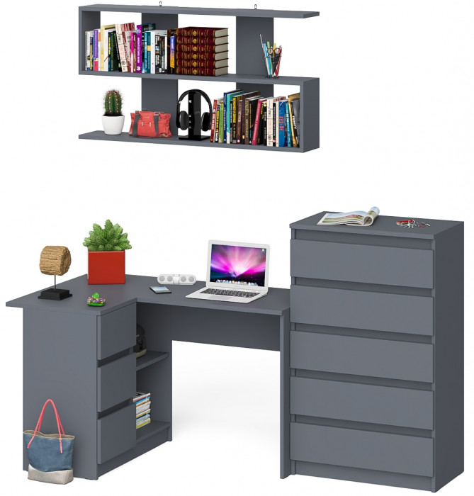 Мори компьютерный стол МС-16 левый + Комод МК700.5 + Полка 1200, графит