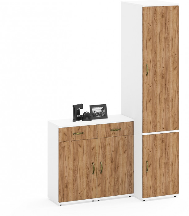 Лидер-8 Пенал МД 23Б + Тумба МД 3.15 + Тумба МД 3.15, цвет белый шагрень/крафт золото, ШхГхВ 120х50х190 см., универсальная сборка