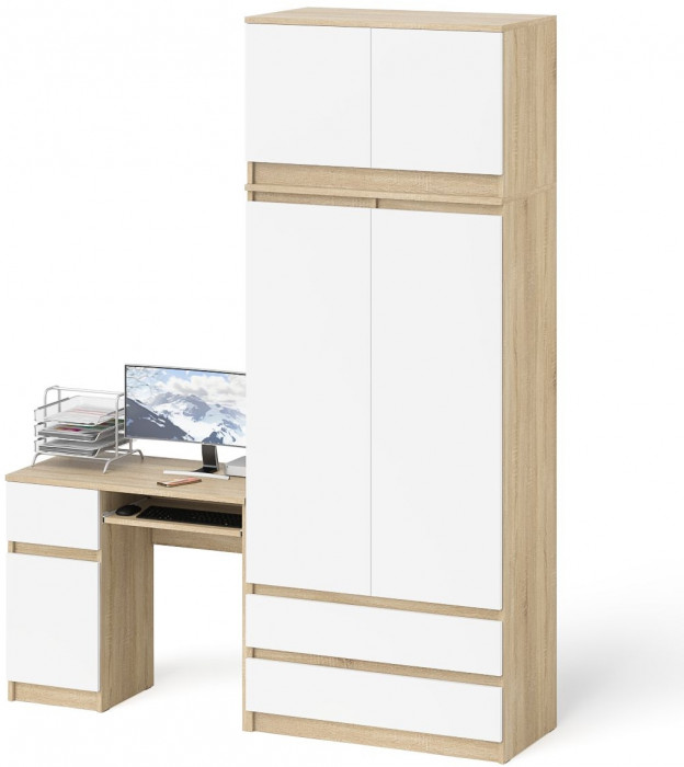 Мори компьютерный стол МС-1 левый + Шкаф МШ900.1 + Антресоль МА900.1, дуб сонома/белый