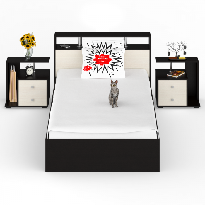 Камелия Кровать 1200 + две тумбы, цвет венге/дуб лоредо, ШхГхВ 236х217х78,2 см., сп.м. 1200х2000 мм., без матраса, основание есть