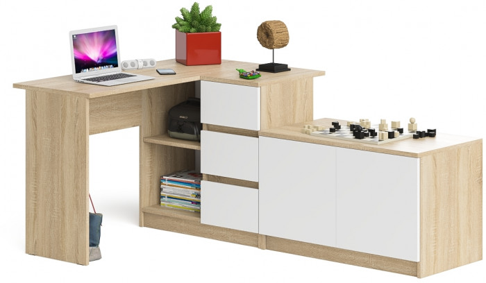 Мори компьютерный стол МС-16 правый + Тумба МА900.1, дуб сонома/белый