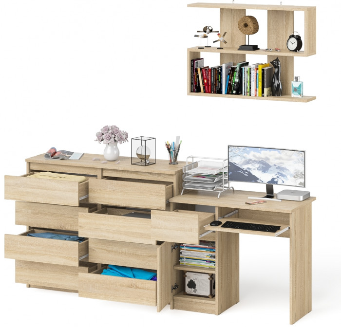 Мори Стол компьютерный МС-1 левый + Комод МК1200.8 + Полка 900, цвет дуб сонома, ШхГхВ 210,4х50х209,6 см., НЕ универсальная сборка