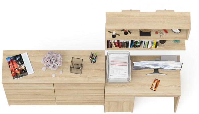 Мори Стол компьютерный МС-1 левый + Комод МК1200.8 + Полка 900, цвет дуб сонома, ШхГхВ 210,4х50х209,6 см., НЕ универсальная сборка