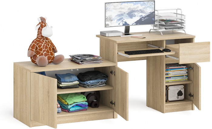 Мори Стол компьютерный МС-1 правый + Тумба МА900.1, цвет дуб сонома, ШхГхВ 180,4х50,4х76,6 см., выдвижной ящик справа, НЕ универсальная сборка