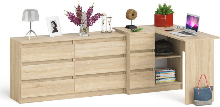 Мори Стол компьютерный МС-16 левый + Комод МК1380.6, цвет дуб сонома, ШхГхВ 262,4х84,9х76,6 см., выдвижные ящики слева, НЕ универсальная сборка