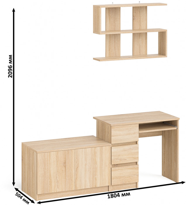 Мори Стол компьютерный МС-6 левый + Тумба МА900.1 + Полка 900, цвет дуб сонома, ШхГхВ 180,4х50,4х209,6 см., НЕ универсальная сборка