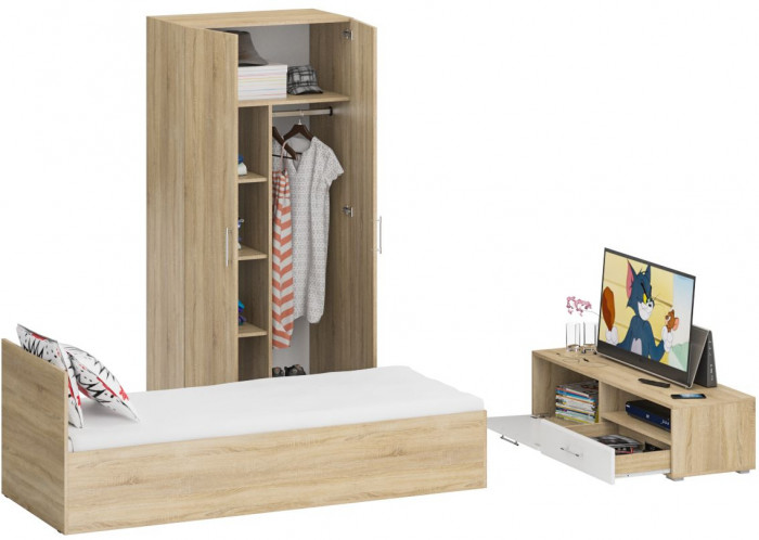 Спальня Стандарт 3-0800, дуб сонома/фасады ТВ тумбы МДФ белый глянец