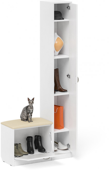 Прихожая П-6 Компоновка № 19, цвет белая шагрень/фасады МДФ белое дерево фрезеровка прованс, ШхГхВ 90х35х210 см., универсальная сборка