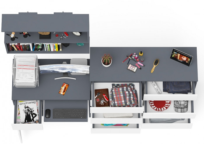 Мори компьютерный стол МС-1 левый + Комод МК1200.10 + Полка 900, графит/белый