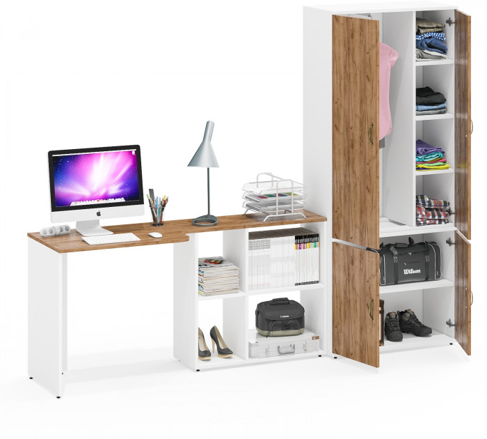 Лидер-8 Стол + Шкаф МД 20Б, цвет белый шагрень/крафт золото, ШхГхВ 245х50/37,5х75/190 или 115х160/50х75/190 см., НЕ универсальная сборка