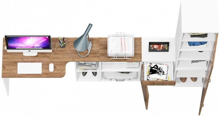 Лидер-8 Стол + Тумба МД 3.15 + Пенал МД 22Б, белый шагрень/крафт золото