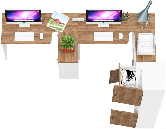 Лидер-8 Стол + Стол + Пенал + Тумба МД 3.15, цвет белый шагрень/крафт золото, ШхГхВ 410х50/30х75/190 см. или 230х50/160х75/190 см., НЕ универс. сборка