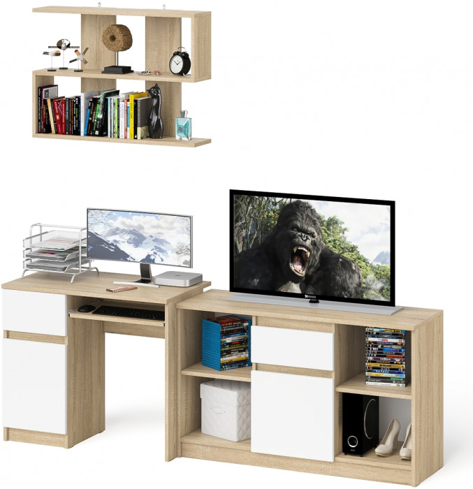 Мори Стол компьютерный МС-1 левый + Тумба МТВ1204.1 + Полка 900, цвет дуб сонома/белый, ШхГхВ 210,4х50х209,6 см., НЕ универсальная сборка