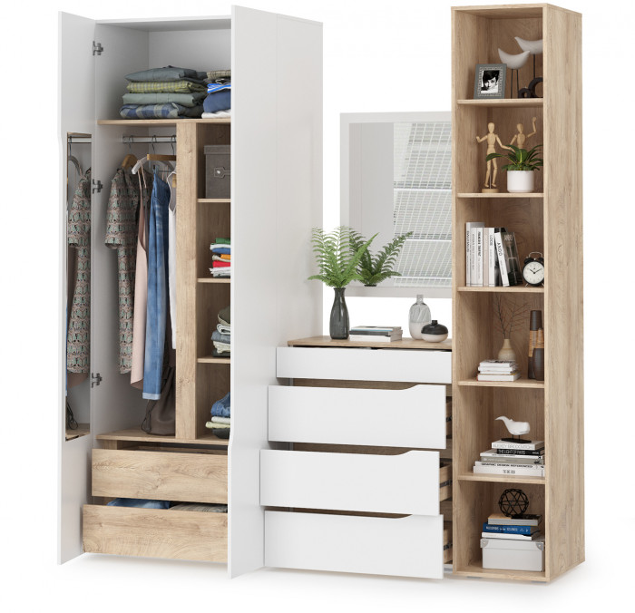 Муссон 13.198 Шкаф + 13.349 Стеллаж + 13.97 Комод + Зеркало СВК, белый/дуб эндгрейн элегантный