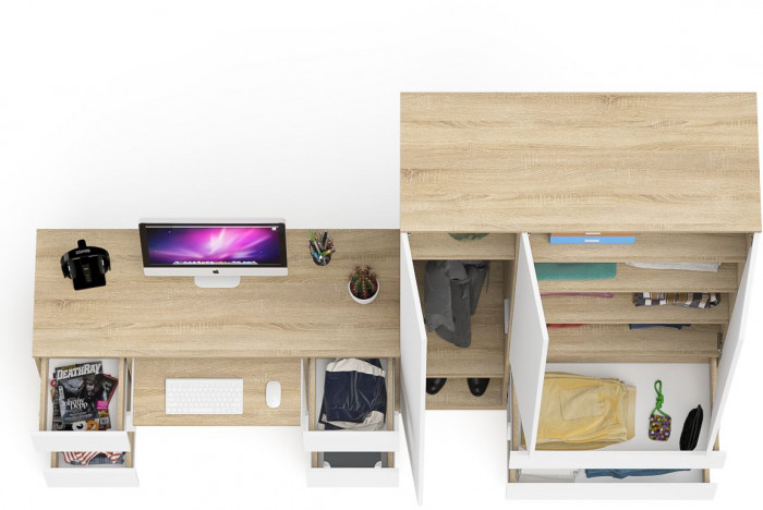 Мори Стол компьютерный МС-2 + Шкаф МШ1200.1, цвет дуб сонома/белый, ШхГхВ 255,8х50,4х209,6 см., универсальная сборка