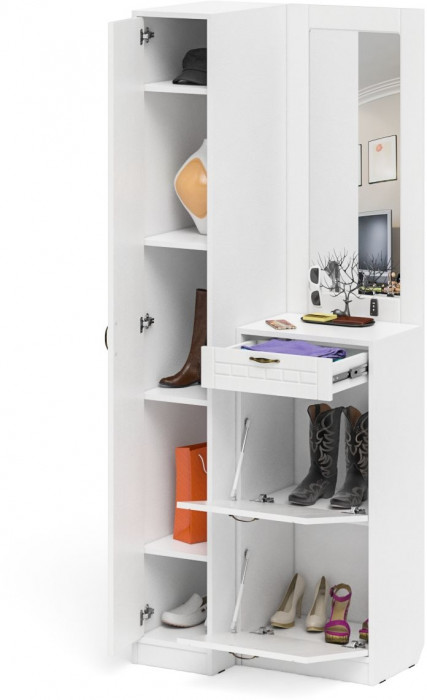 Прихожая П-6 Компоновка № 43, белая шагрень/фасады МДФ белое дерево фрезеровка прованс