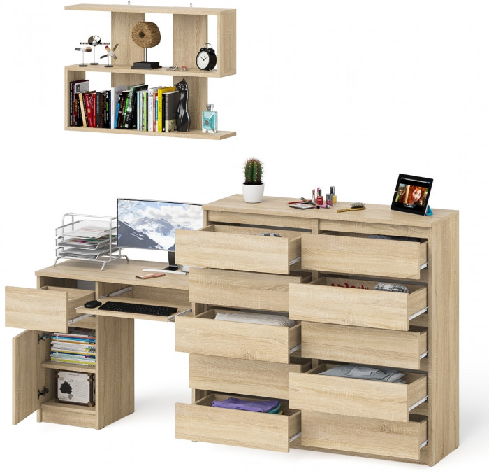 Мори компьютерный стол МС-1 левый + Комод МК1200.10 + Полка 900, дуб сонома