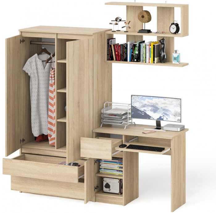 Мори компьютерный стол МС-1 левый + Шкаф МШ900.1 + Полка 900, дуб сонома