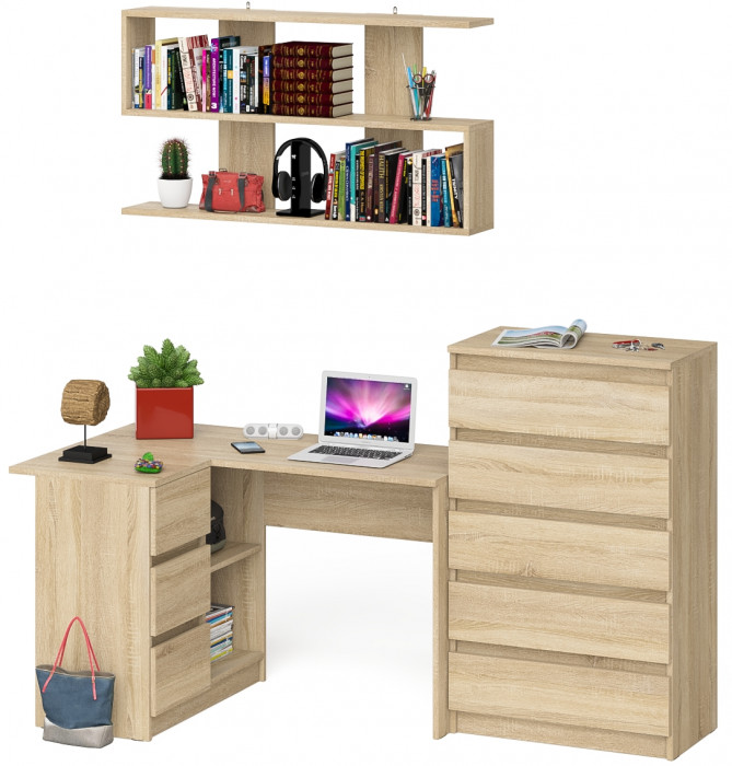 Мори компьютерный стол МС-16 левый + Комод МК700.5 + Полка 1200, дуб сонома