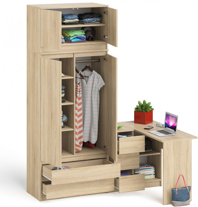 Мори компьютерный стол МС-16 левый + Шкаф МШ900.1 + Антресоль МА900.1, дуб сонома