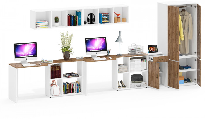 Лидер-8 Стол + Полка + Стол + Полка + Шкаф МД 19Б + Тумба МД 3.15, цвет белый шагрень/крафт золото, 450х50х75/190 или 230х200/50х75/190, НЕ ун. сб.