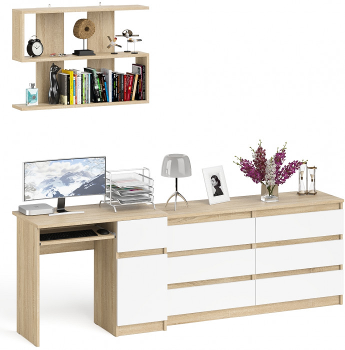 Мори Стол компьютерный МС-1 правый + Комод МК1380.6 + Полка 900, цвет дуб сонома/белый, ШхГхВ 228х50х209,6 см., НЕ универсальная сборка