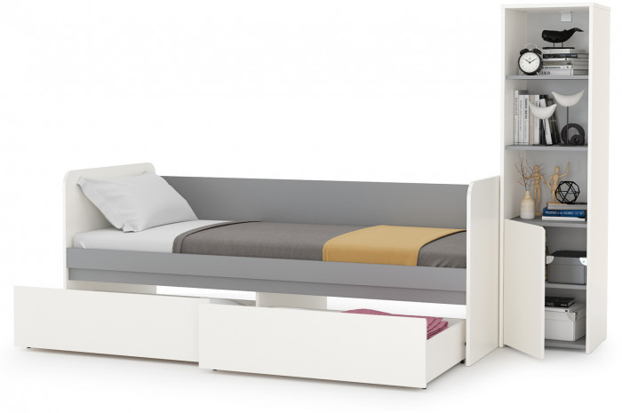 Торонто 11.39 Кровать + 13.13 Шкаф комбинированный, цвет белый шагрень/стальной серый, ШхГхВ 234х84,4х149,7 см, сп. м. 800х1900 мм, б/м, основан. есть