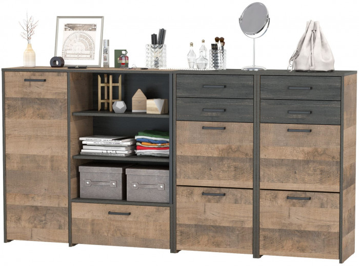 Трувор 13.241.06 Тумба для обуви + 13.307.01 Комод + 13.241.06 Тумба для обуви, цвет дуб гранж песочный/интра, ШхГхВ 209х37х106,9 см., универс. сборка