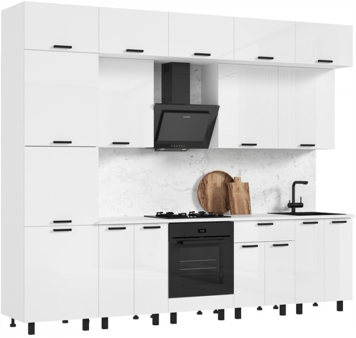 Кухня Техно 3,0/1080м Компоновка №6, Белый/Белый глянец (Антарес)