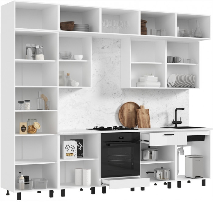 Кухня Техно 3,0/1080м Компоновка №6, Белый/Белый глянец (Антарес)