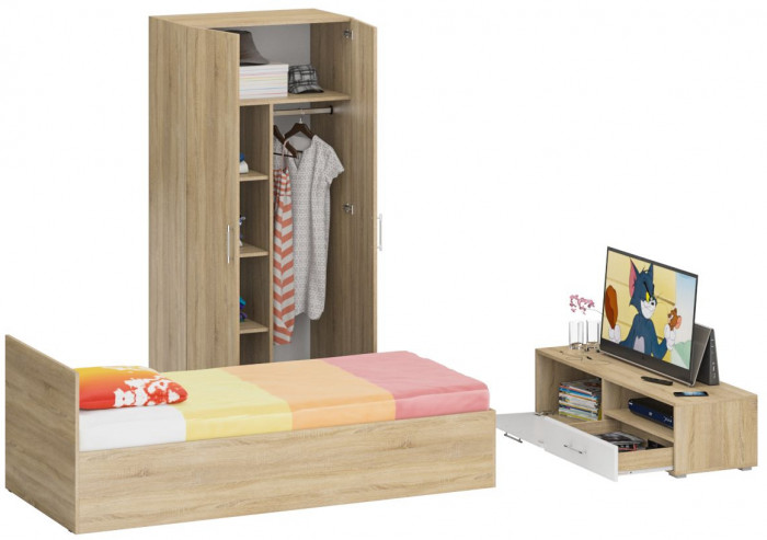 Спальня Стандарт 3-0900, дуб сонома/фасады ТВ тумбы МДФ белый глянец