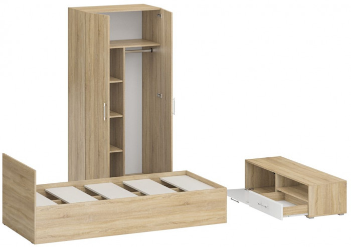 Спальня Стандарт 3-0900, дуб сонома/фасады ТВ тумбы МДФ белый глянец
