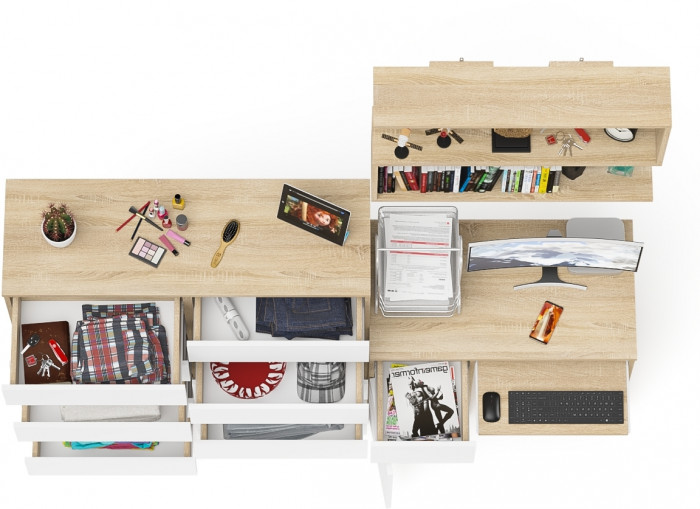 Мори компьютерный стол МС-1 левый + Комод МК1200.10 + Полка 900, дуб сонома/белый